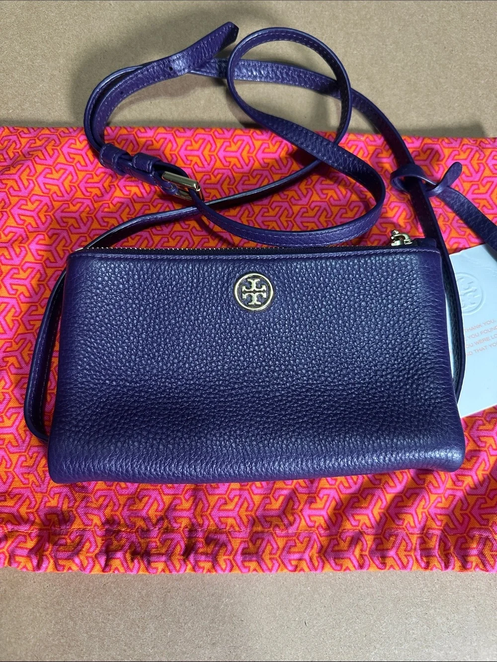 Tory Burch Robinson Foldover Crossbody Bag Purple Pebbled Leather Tassel